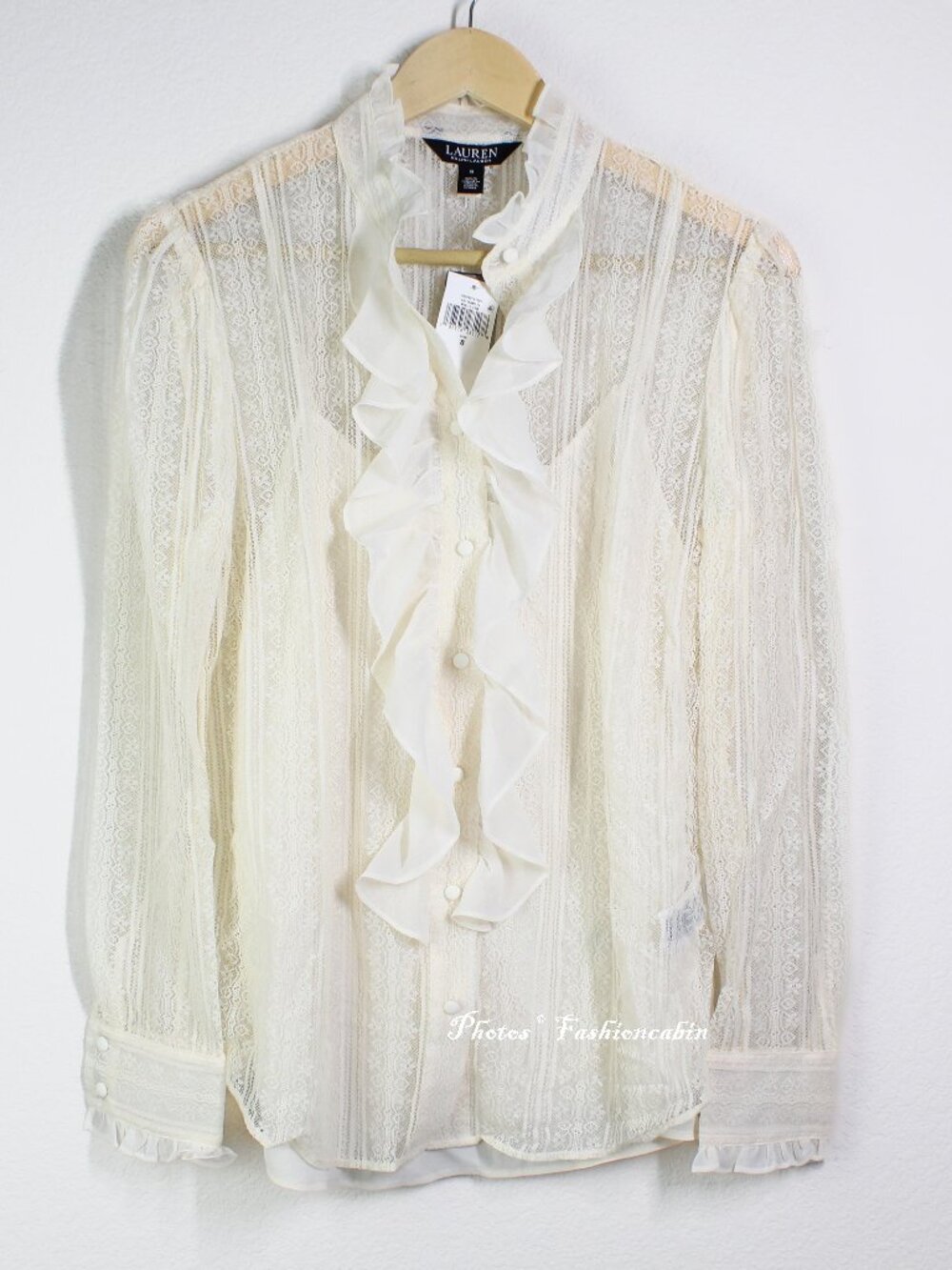 NWT Lauren Ralph Lauren Ruffle Trim Lace Shirt w Camisole, Winter Cream, US 8 - Picture 2 of 15